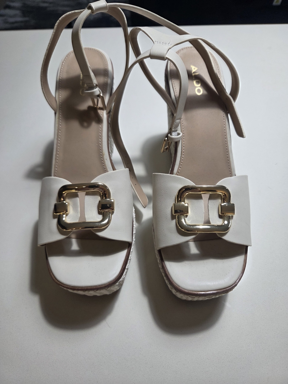NEW! ALDO Cream Espadrille Wedge Sandal with Gold Buckle